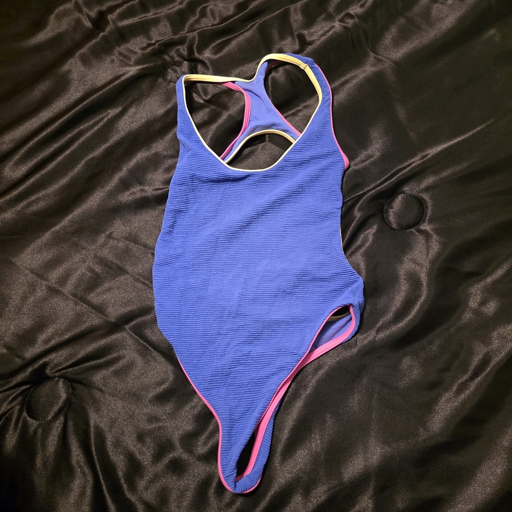 Wicked Weasel Blue One-Piece Swimsuit with Pink And Yellow Trim Nwot Size Xs